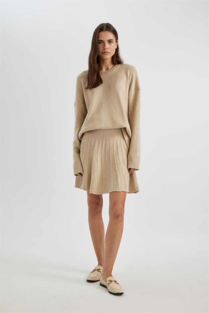 نساء اللون الحجري طقم تريكو مريح من قطعتين: بلوزة بأكمام طويلة وتنورة بخصر مطاطي