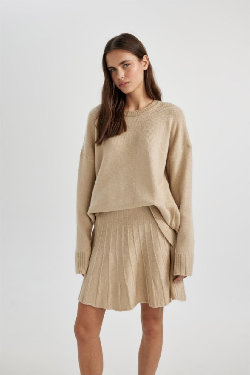 نساء اللون الحجري طقم تريكو مريح من قطعتين: بلوزة بأكمام طويلة وتنورة بخصر مطاطي