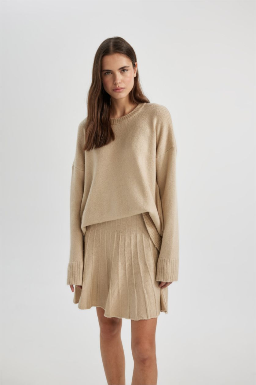 نساء اللون الحجري طقم تريكو مريح من قطعتين: بلوزة بأكمام طويلة وتنورة بخصر مطاطي