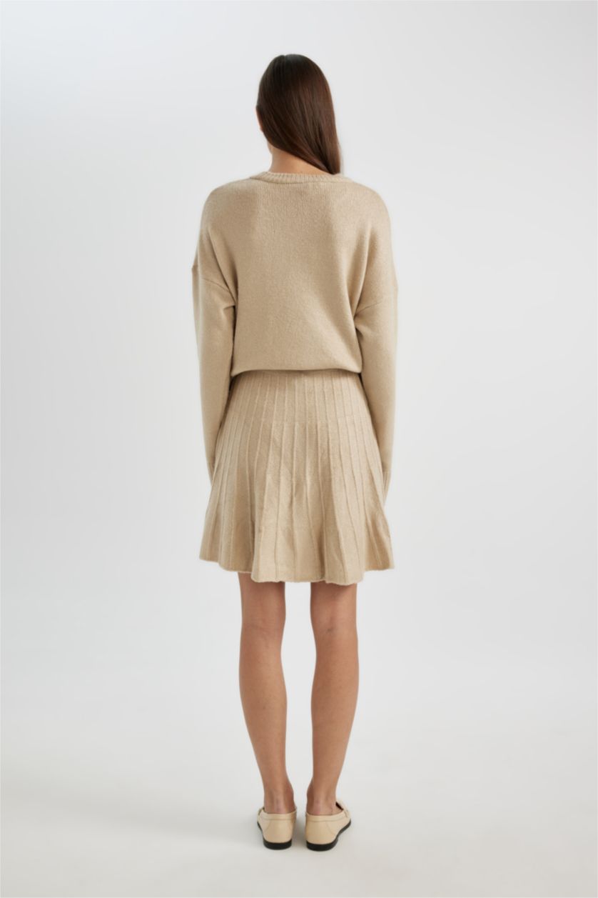 نساء اللون الحجري طقم تريكو مريح من قطعتين: بلوزة بأكمام طويلة وتنورة بخصر مطاطي