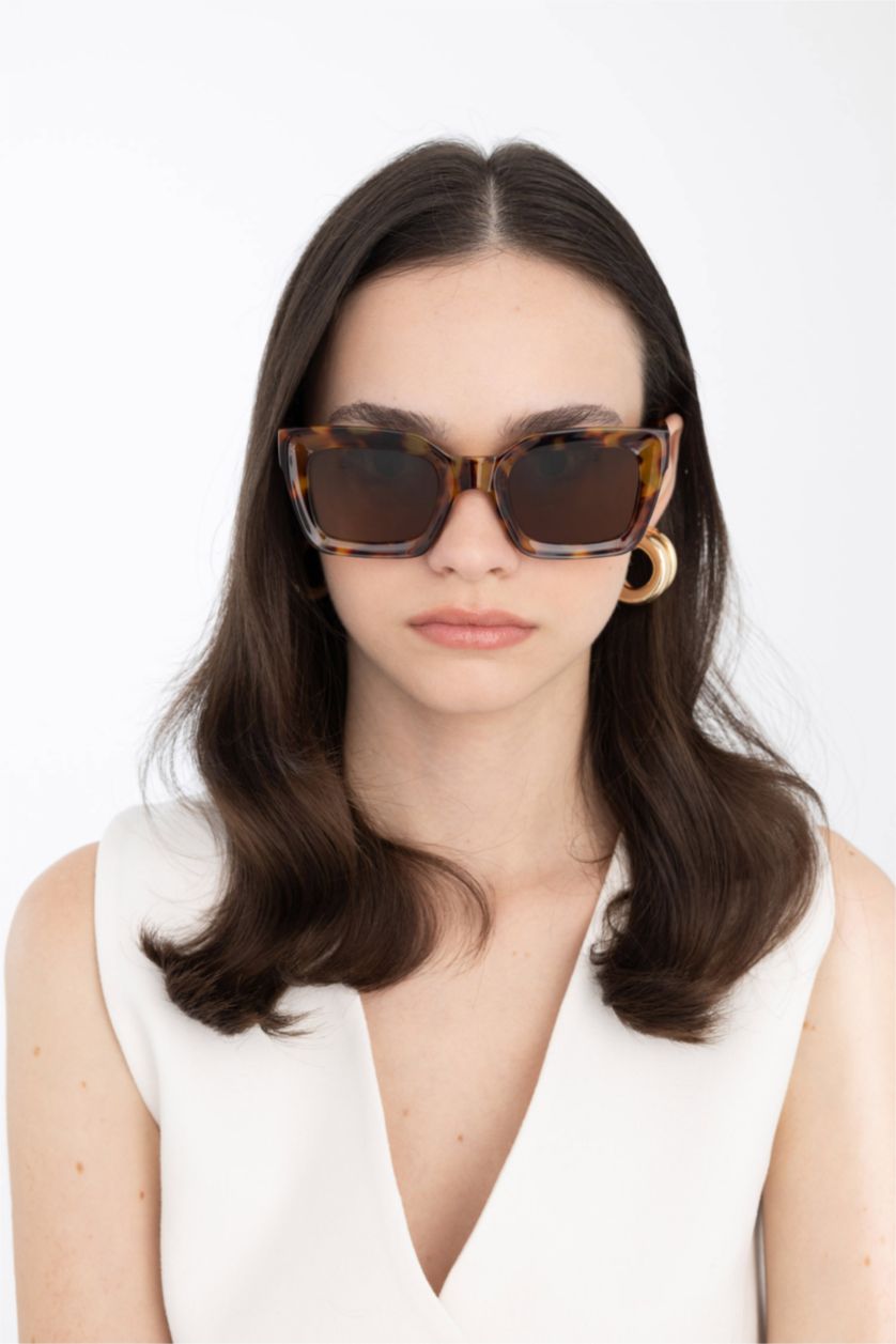 Kadın Koyu Kahve Kadın Leopar Desenli Kare Güneş Gözlüğü