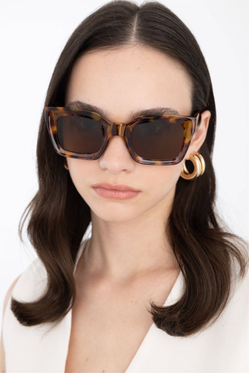 Kadın Koyu Kahve Kadın Leopar Desenli Kare Güneş Gözlüğü