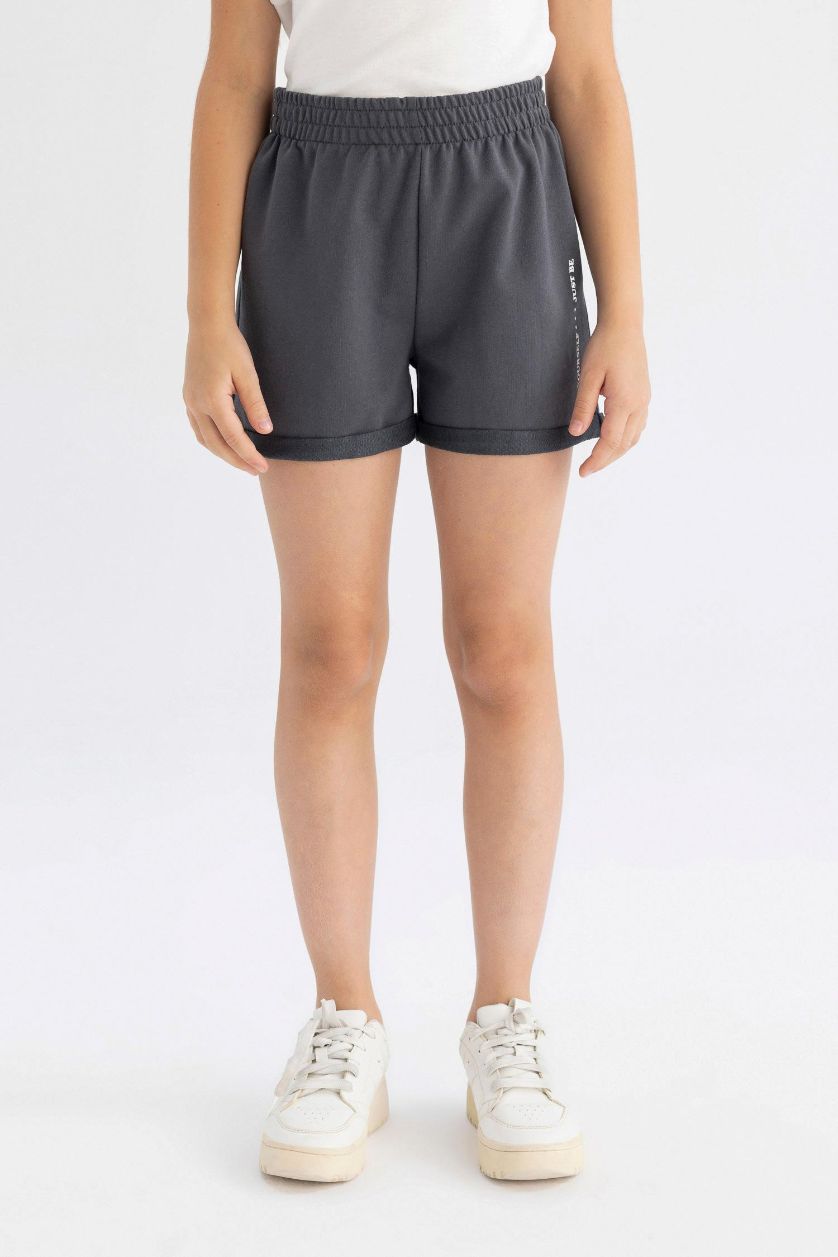 Kız Çocuk - Genç Kız Antrasit Baskılı Beli Lastikli Şort Kız Çocuk