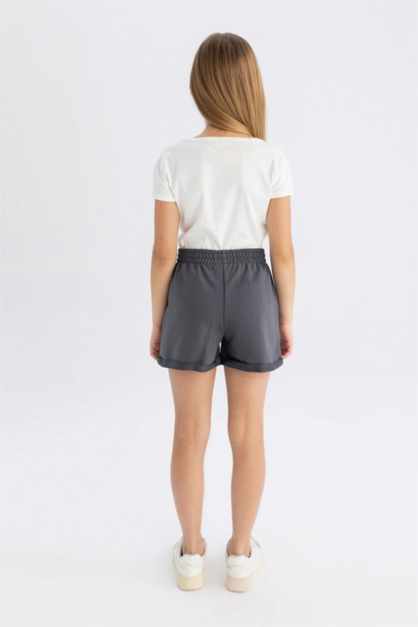 Kız Çocuk - Genç Kız Antrasit Baskılı Beli Lastikli Şort Kız Çocuk
