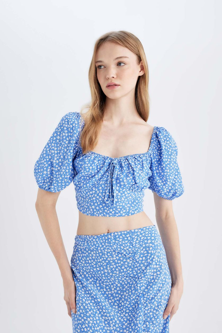 WOMAN Blue Slim Fit Round Collar Printed Short Sleeve Blouse