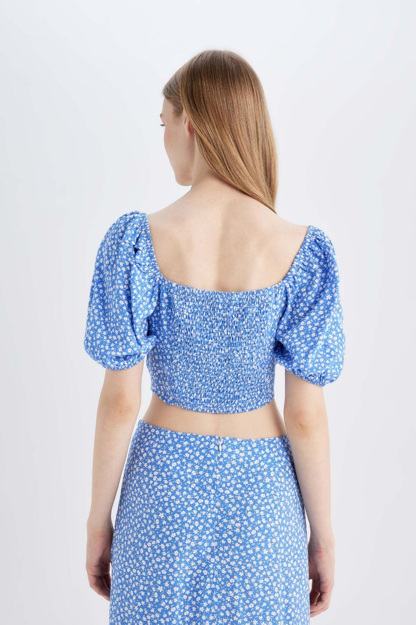 WOMAN Blue Slim Fit Round Collar Printed Short Sleeve Blouse