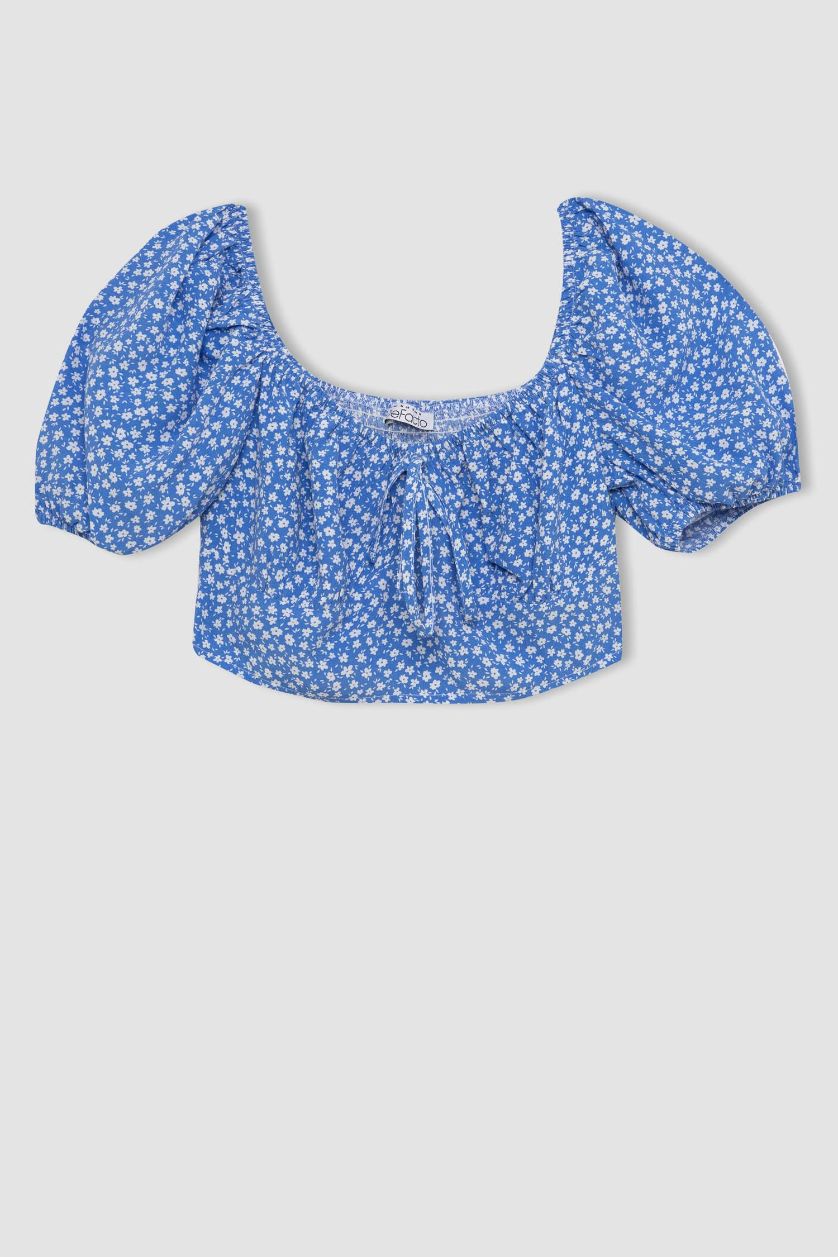 WOMAN Blue Slim Fit Round Collar Printed Short Sleeve Blouse