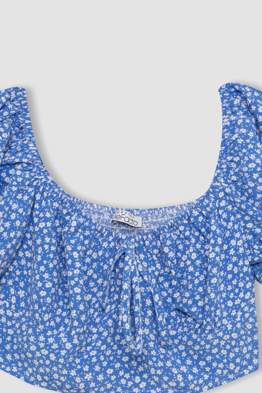 WOMAN Blue Slim Fit Round Collar Printed Short Sleeve Blouse