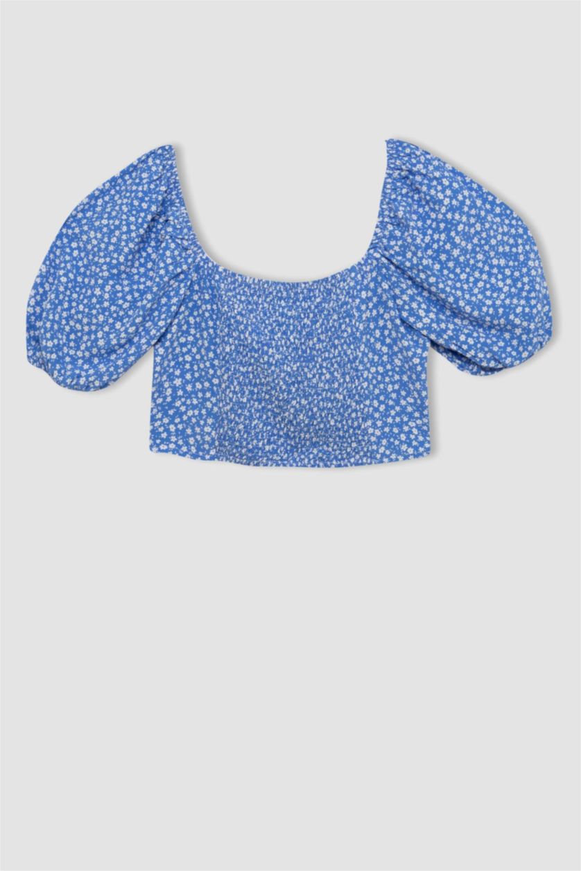 WOMAN Blue Slim Fit Round Collar Printed Short Sleeve Blouse