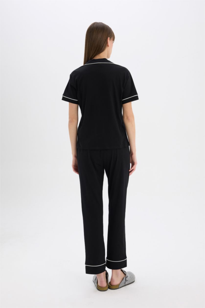 Kadın Siyah Pijama Takımı Kısa Kollu Üst Uzun Alt
