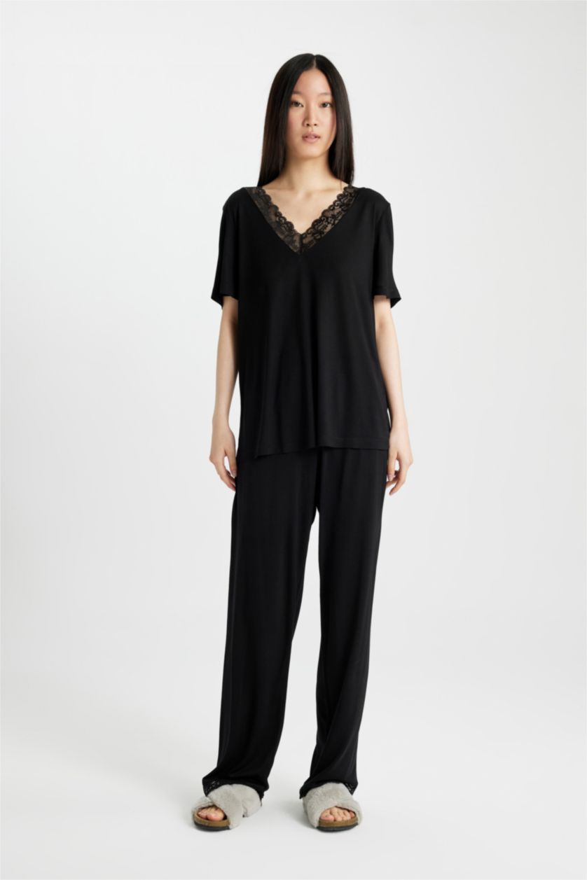 Kadın Siyah Regular Fıt Kısa Kollu 2'li Viskon Takım