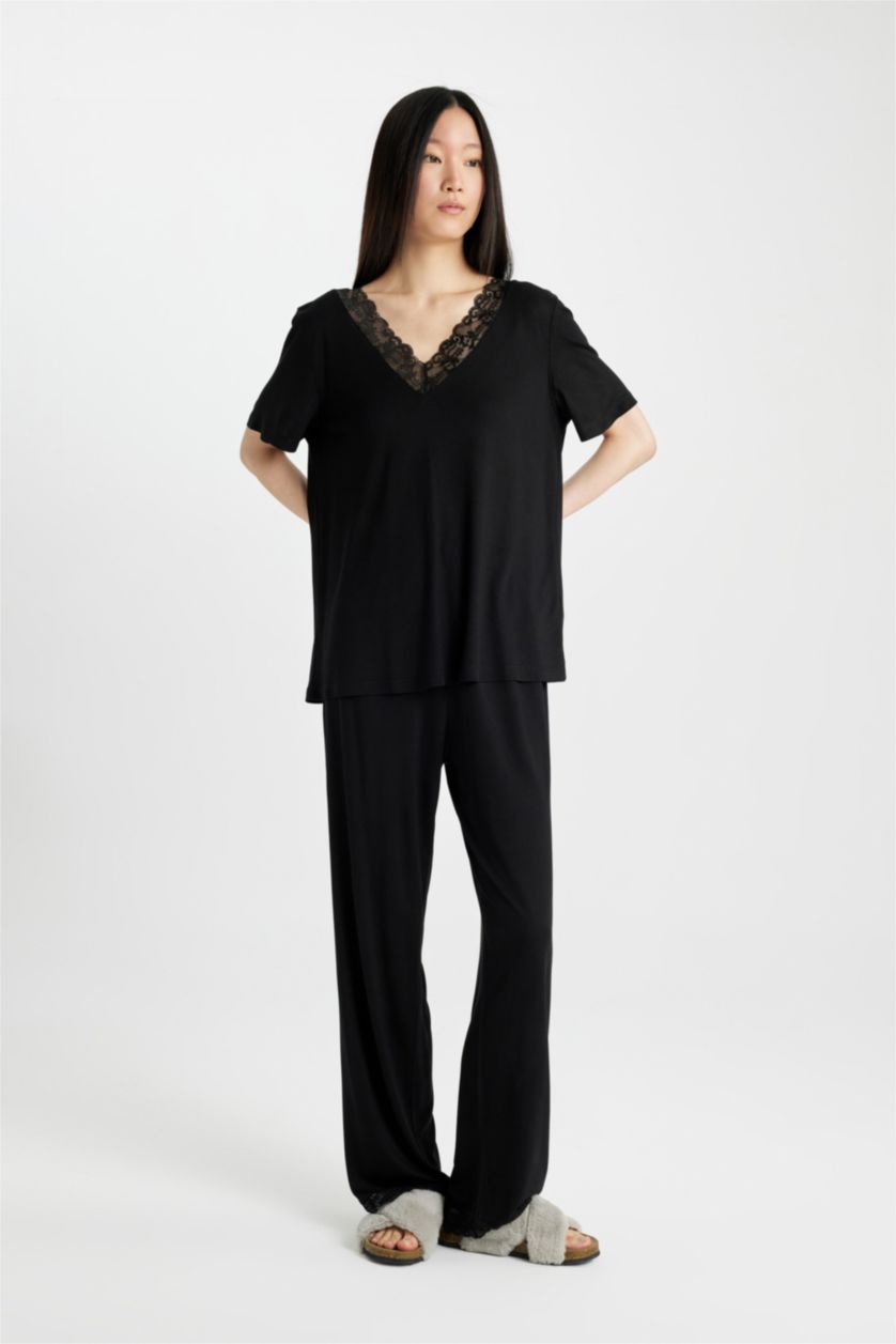 Kadın Siyah Regular Fıt Kısa Kollu 2'li Viskon Takım