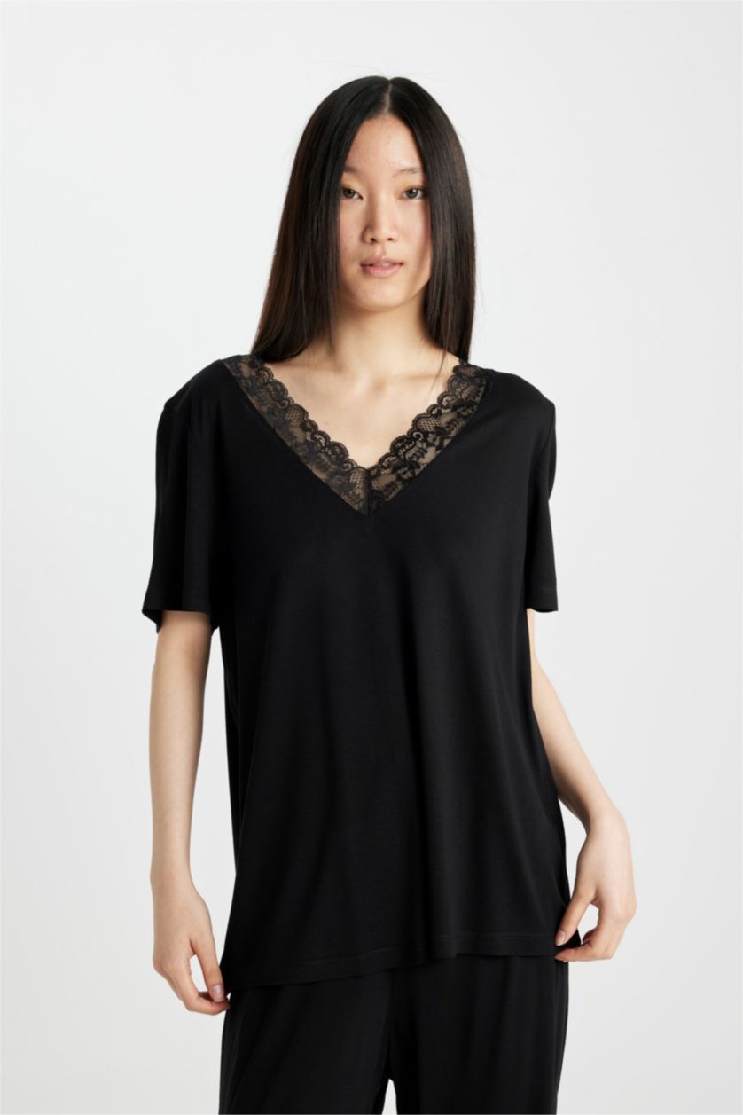 Kadın Siyah Regular Fıt Kısa Kollu 2'li Viskon Takım