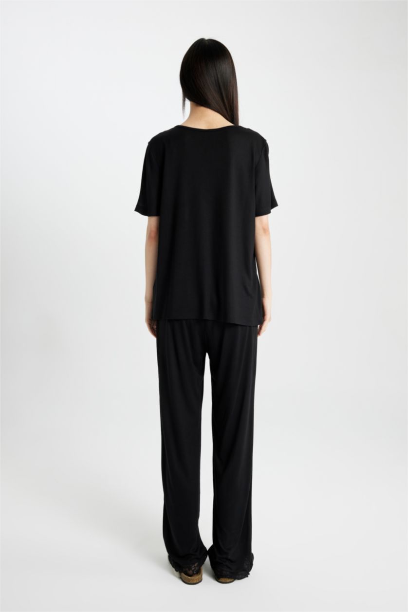 Kadın Siyah Regular Fıt Kısa Kollu 2'li Viskon Takım