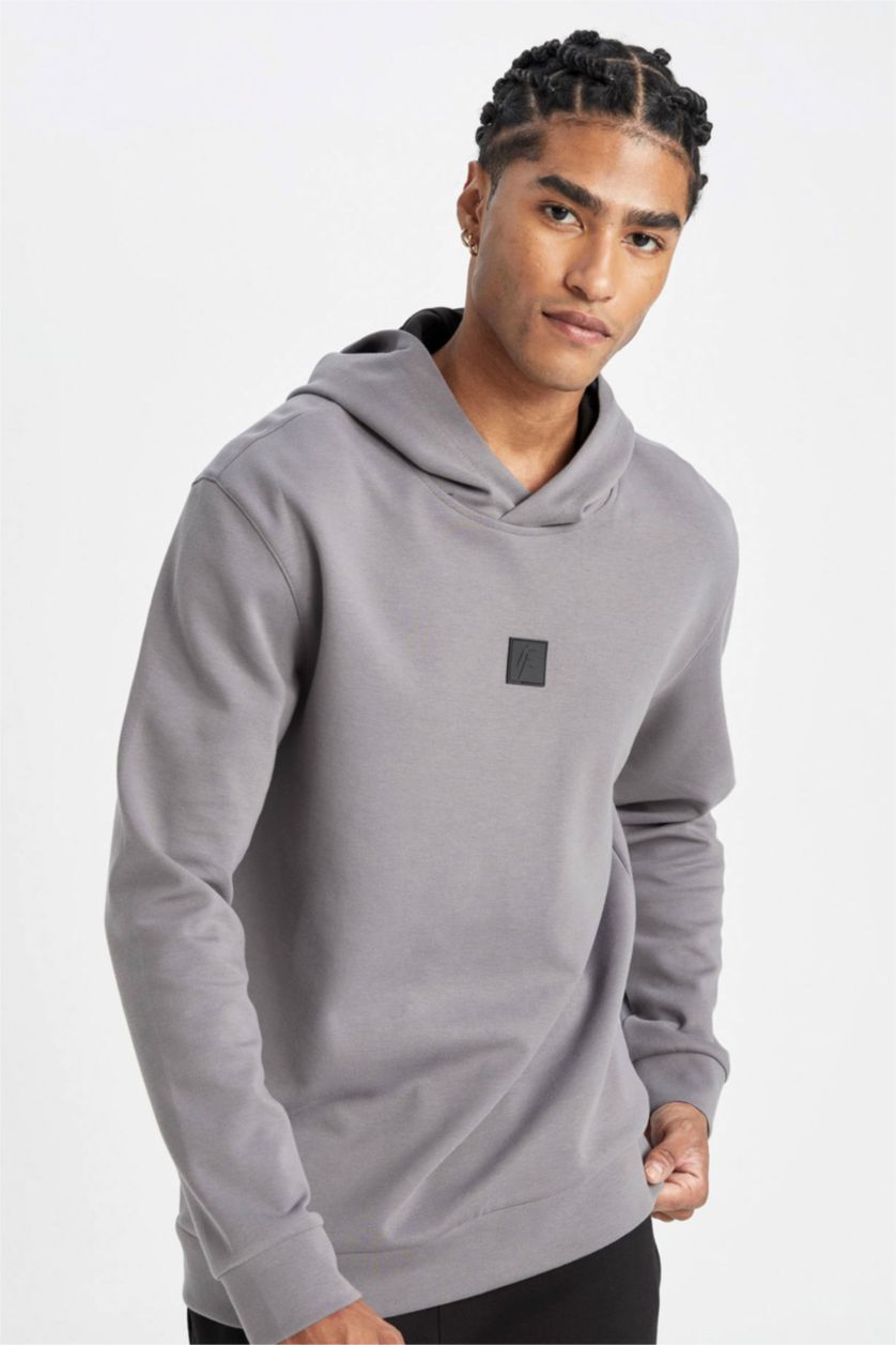 Man Grey DeFactoFit Standard Fit Hooded Sports Sweatshirt