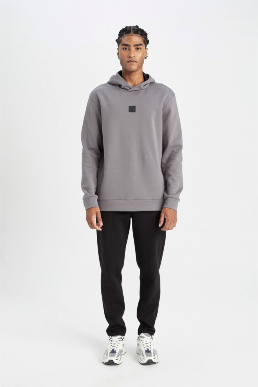 Man Grey DeFactoFit Standard Fit Hooded Sports Sweatshirt