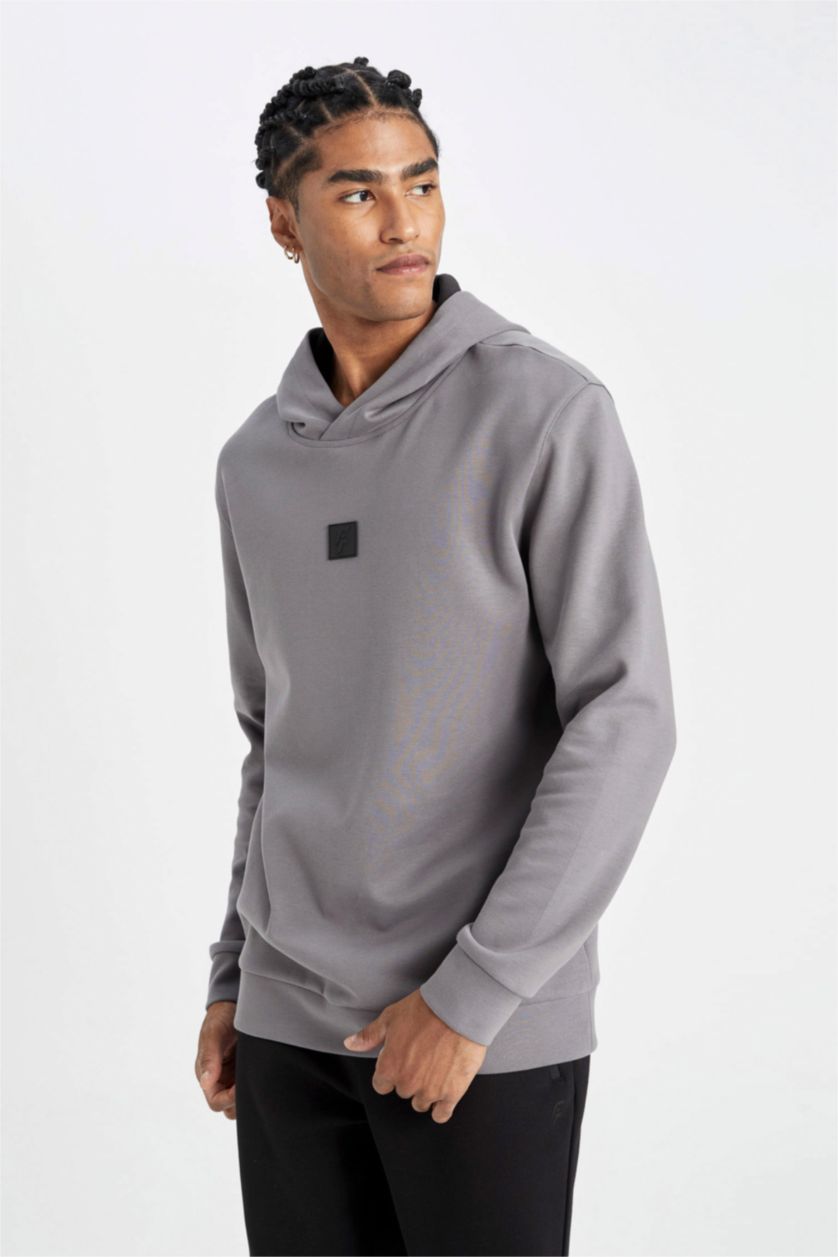 Man Grey DeFactoFit Standard Fit Hooded Sports Sweatshirt