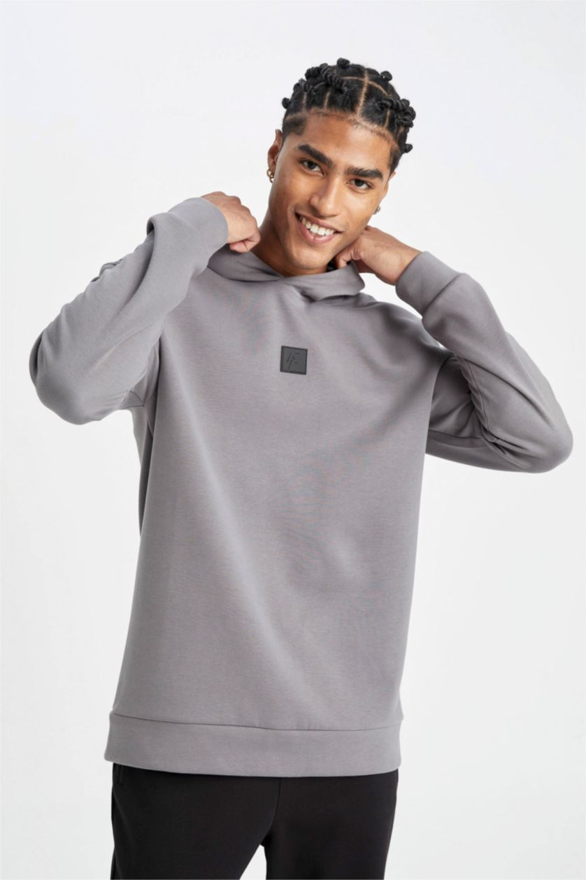 Man Grey DeFactoFit Standard Fit Hooded Sports Sweatshirt