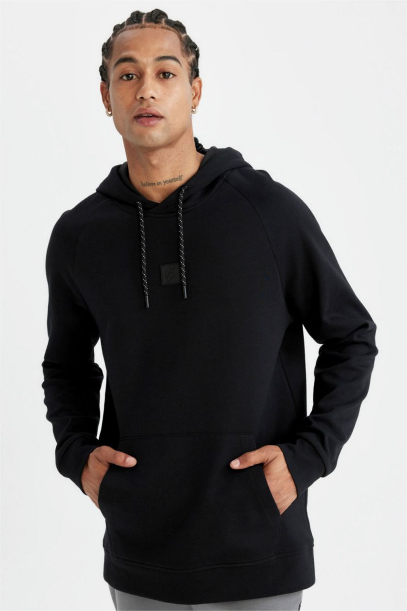 Erkek Siyah Standart Fit Cepli Kapüşonlu Sporcu Sweatshirt