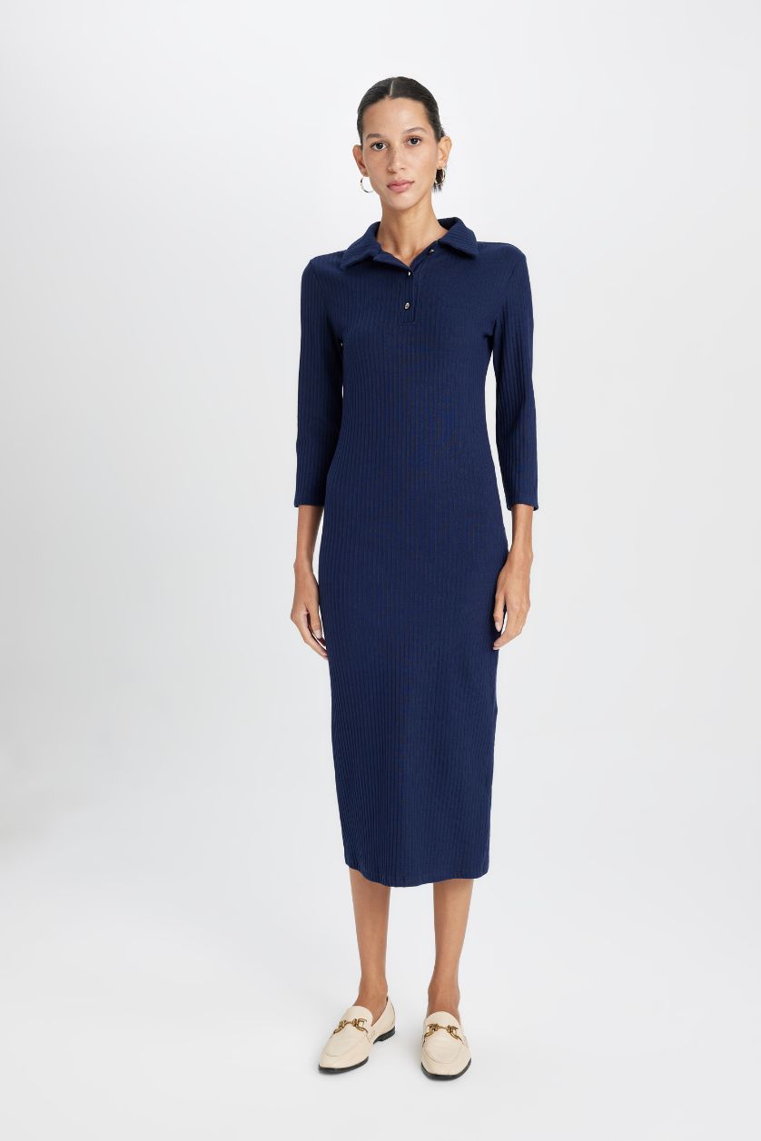 نساء كحلي فستان نص كم ميدي مضلع بوديكون بياقة بولو