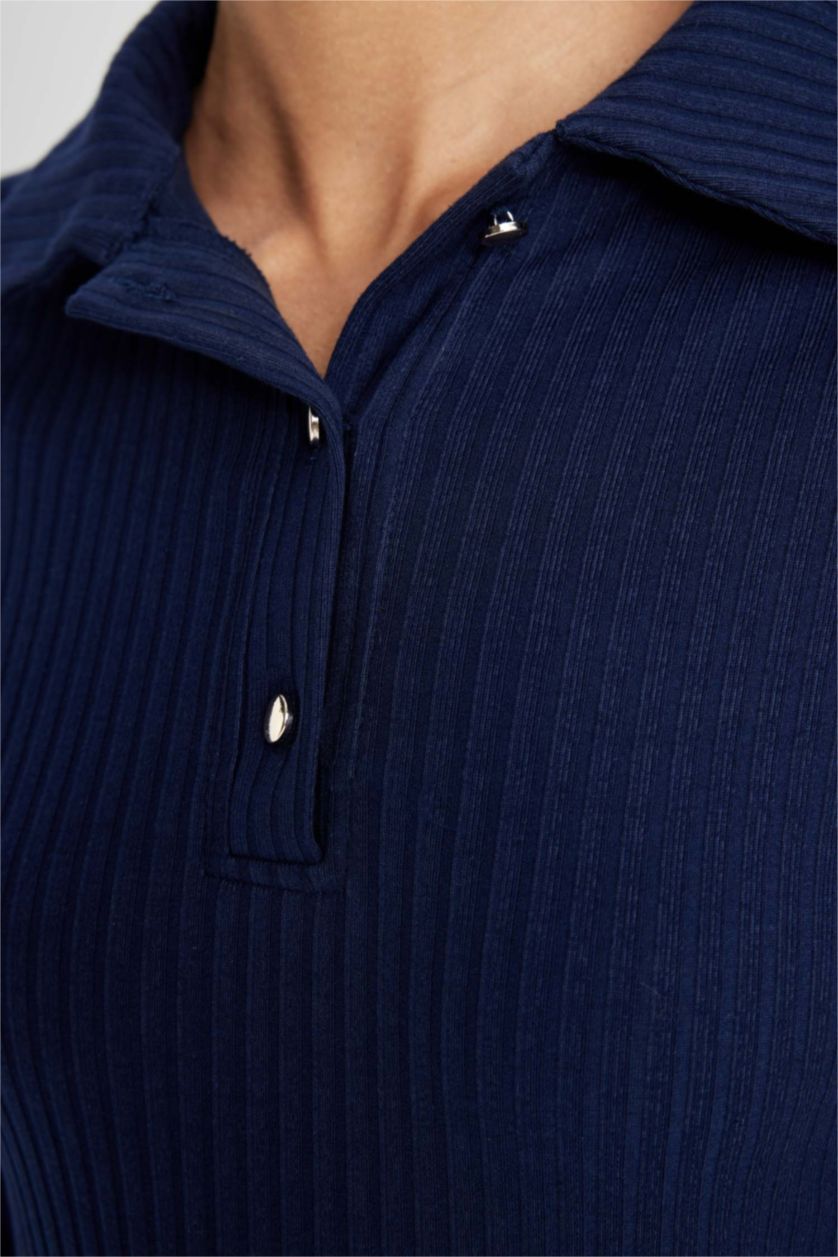 نساء كحلي فستان نص كم ميدي مضلع بوديكون بياقة بولو