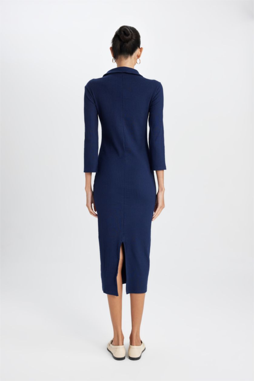 نساء كحلي فستان نص كم ميدي مضلع بوديكون بياقة بولو