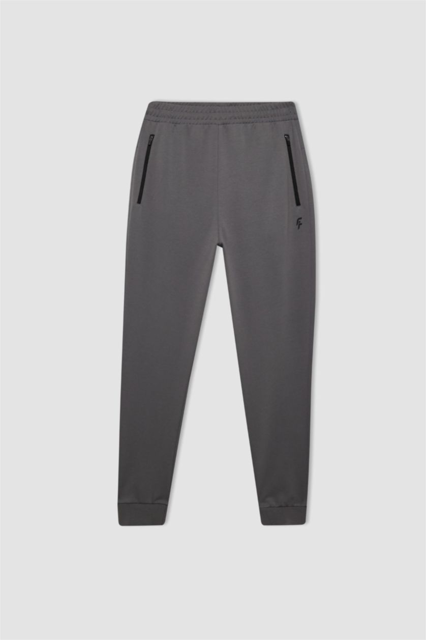 Erkek Gri DeFactoFit Sporcu Jogger Eşofman Altı Slim Fit Dar Kesim Beli Paçası Lastikli Cepli Basic Düz