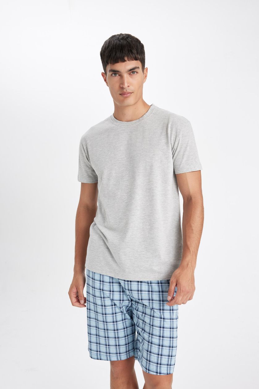 HOMME Gris Ensemble de Pyjama T-shirt à col rond et Short imprimé pour Homme