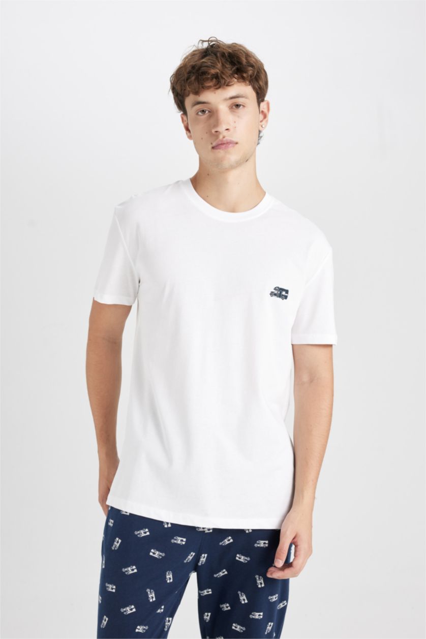 MAN NAVY Regular Fit Crew Neck Printed 2 Piece Pajama Set