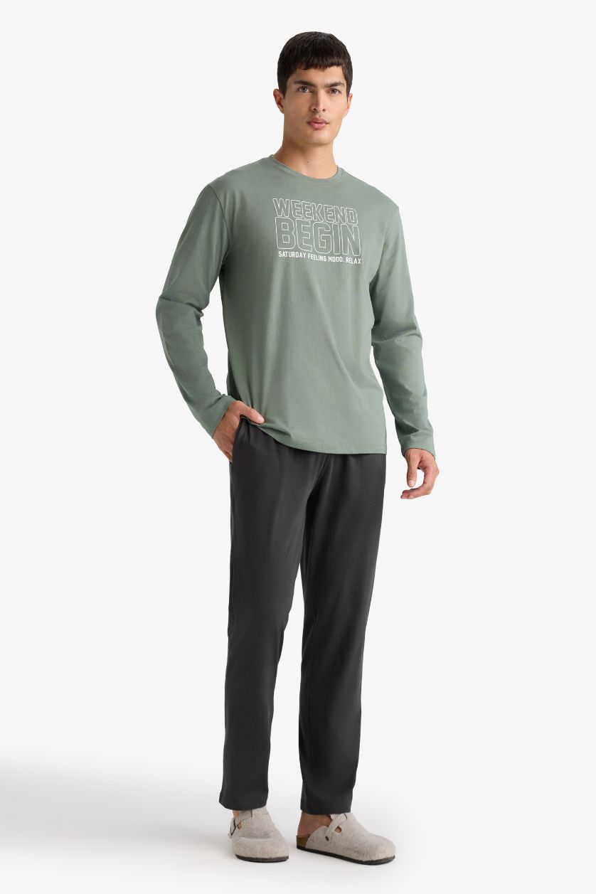 Erkek Açık Haki %100 Pamuk Pijama Takımı Regular Fit Baskılı Uzun Kollu Üst Uzun Alt