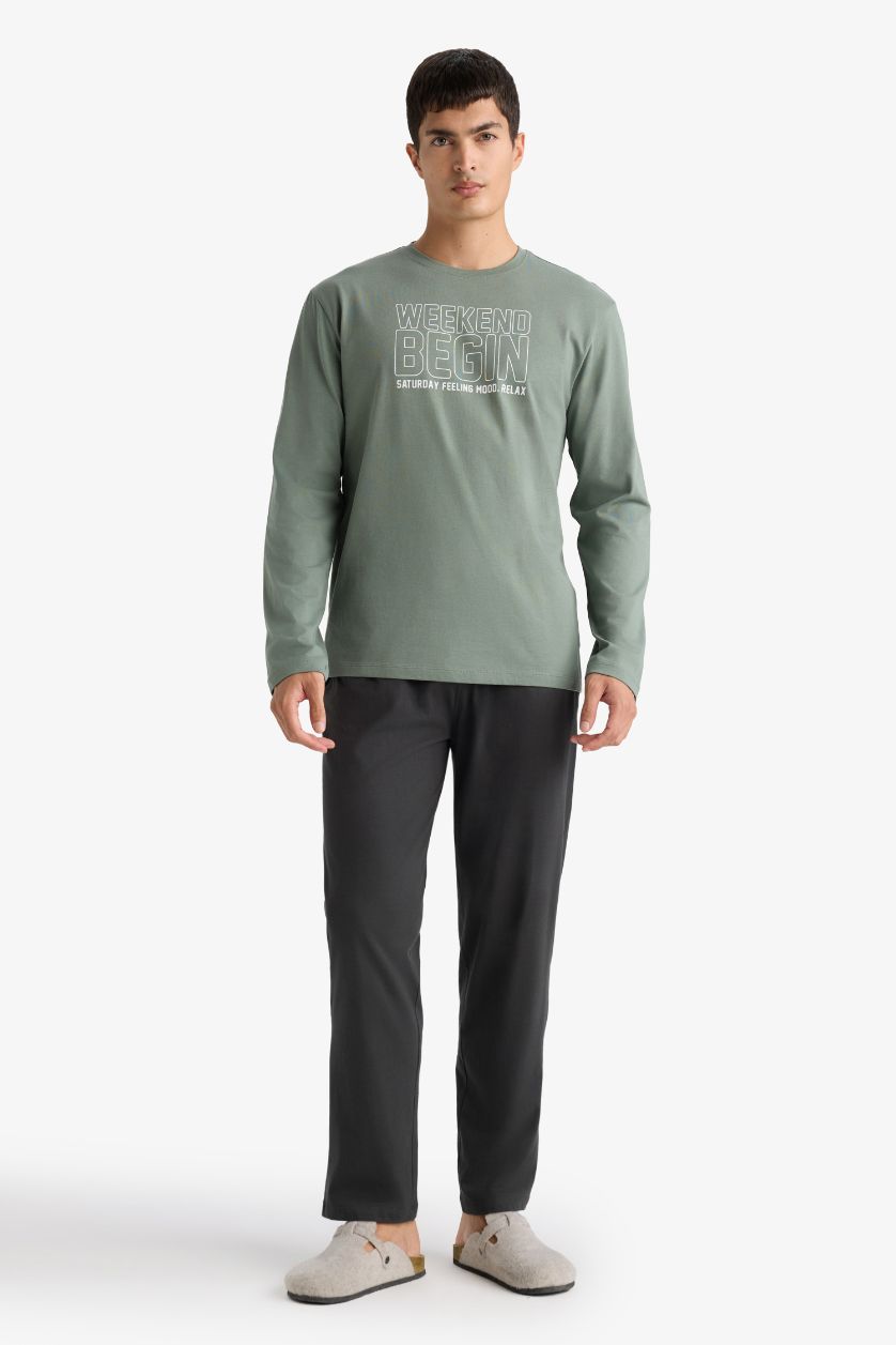 Erkek Açık Haki %100 Pamuk Pijama Takımı Regular Fit Baskılı Uzun Kollu Üst Uzun Alt