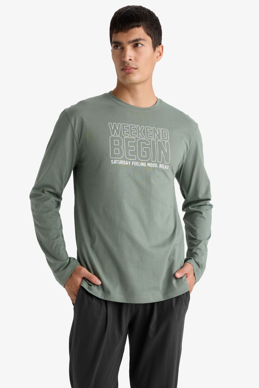 Erkek Açık Haki %100 Pamuk Pijama Takımı Regular Fit Baskılı Uzun Kollu Üst Uzun Alt