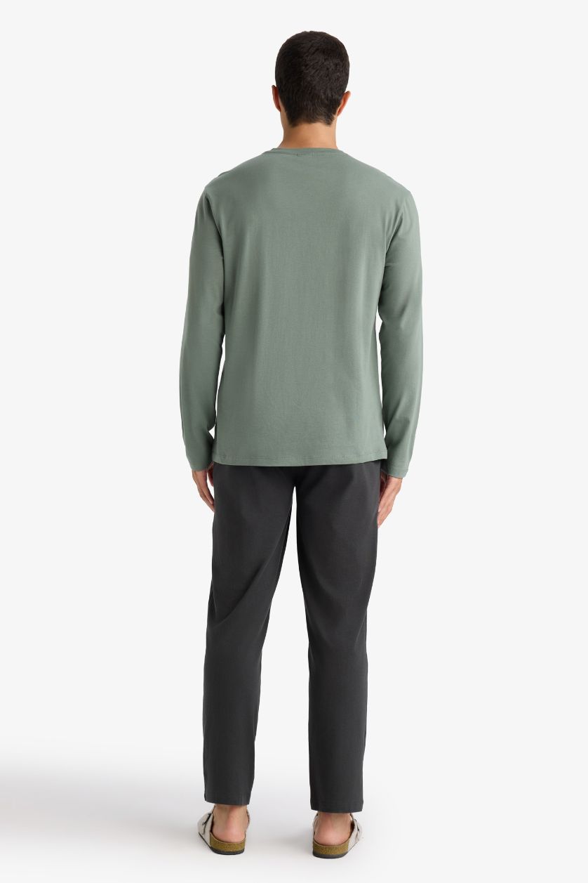 Erkek Açık Haki %100 Pamuk Pijama Takımı Regular Fit Baskılı Uzun Kollu Üst Uzun Alt