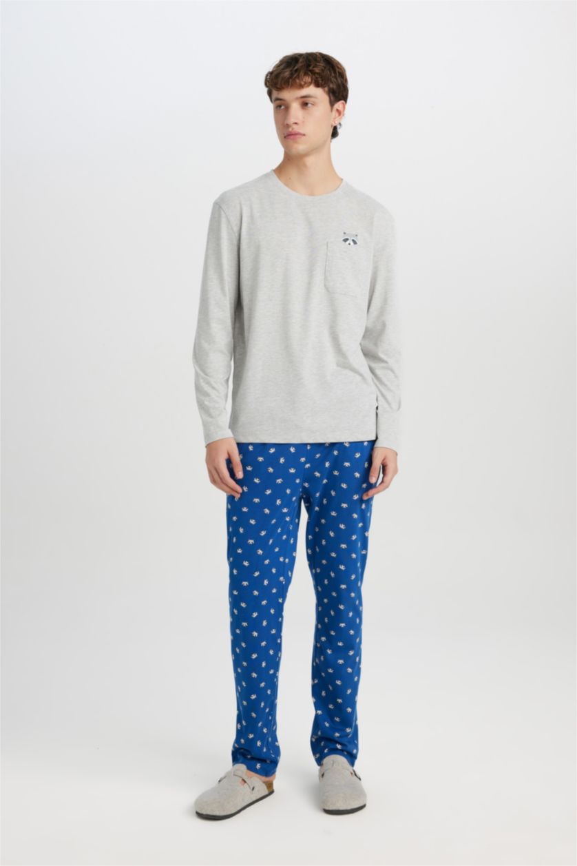 Erkek Gri Melanj Pijama Takımı Bisiklet Yaka Uzun Kollu Basic Düz Üst Desenli Beli Lastikli Alt