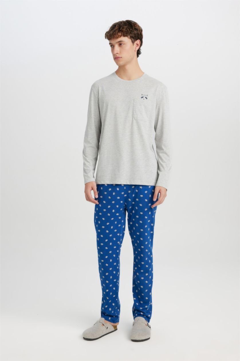 Erkek Gri Melanj Pijama Takımı Bisiklet Yaka Uzun Kollu Basic Düz Üst Desenli Beli Lastikli Alt