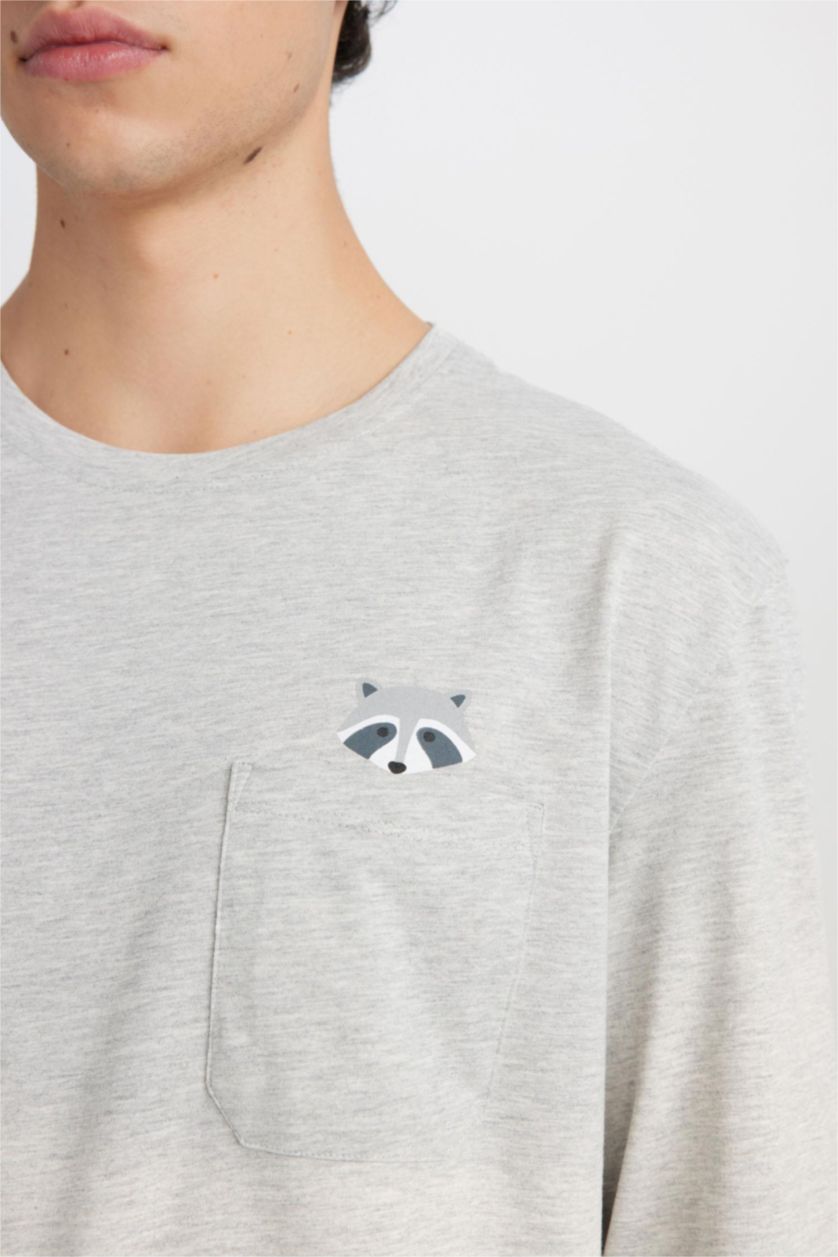 Erkek Gri Melanj Pijama Takımı Bisiklet Yaka Uzun Kollu Basic Düz Üst Desenli Beli Lastikli Alt