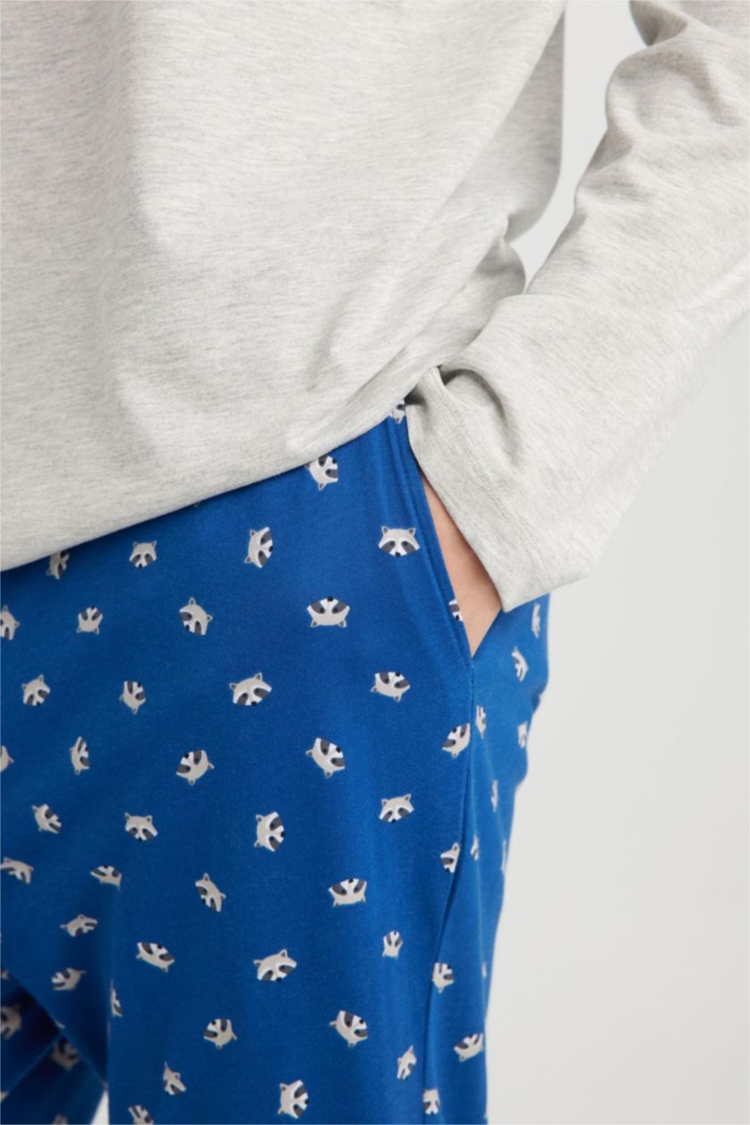 Erkek Gri Melanj Pijama Takımı Bisiklet Yaka Uzun Kollu Basic Düz Üst Desenli Beli Lastikli Alt