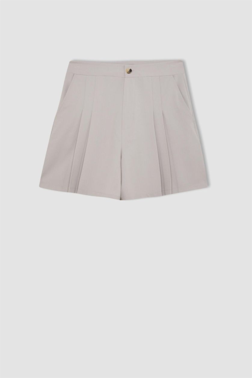 Kadın Açık Gri Regular Fit Yüksek Bel Pileli Şort