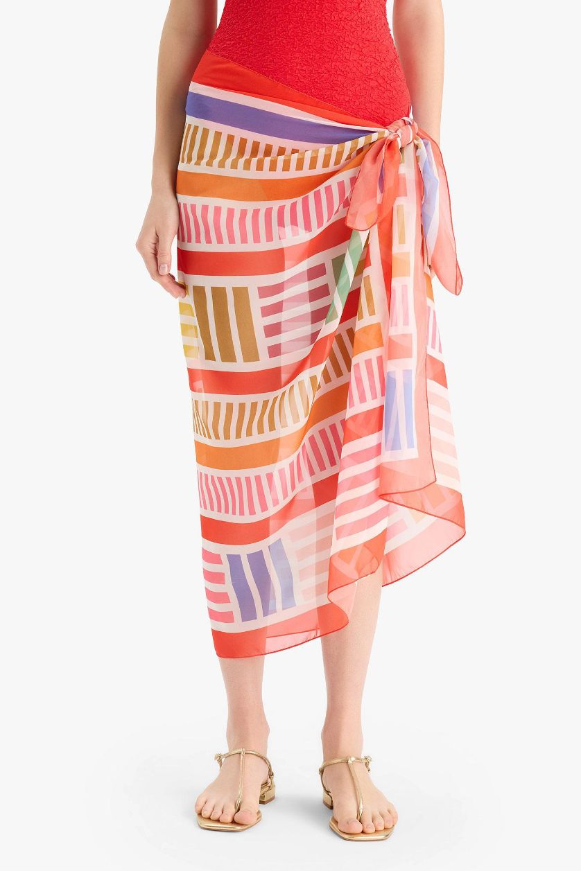 Kadın Açık Kırmızı Desenli Şifon Pareo