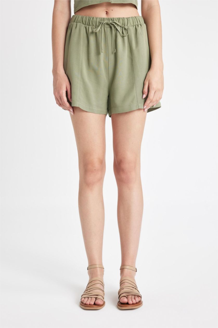Kadın Haki Regular Fit Normal Bel Keten Karışımlı Şort