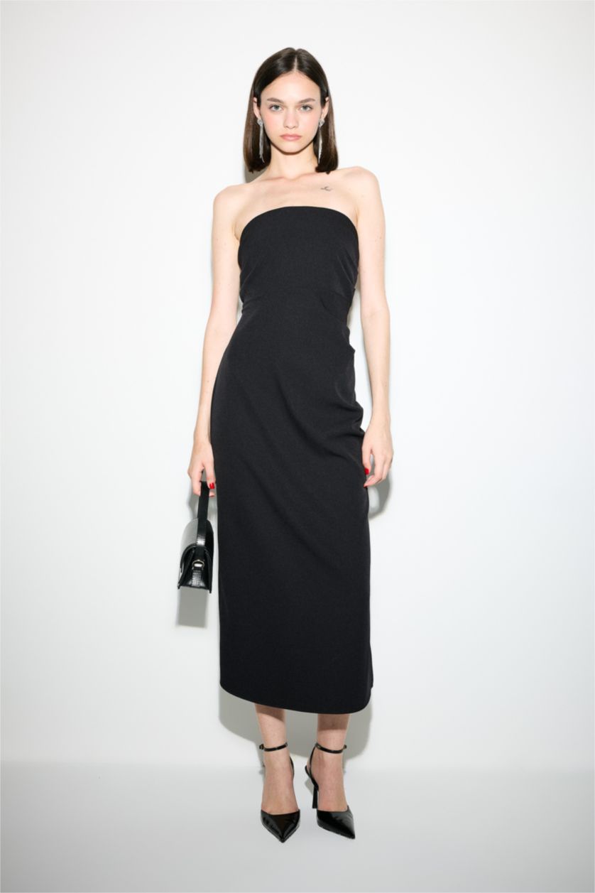 Kadın Siyah Bodycon Straplez Siyah Midi Abiye Elbise