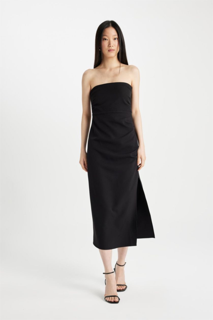 Kadın Siyah Bodycon Straplez Siyah Midi Abiye Elbise