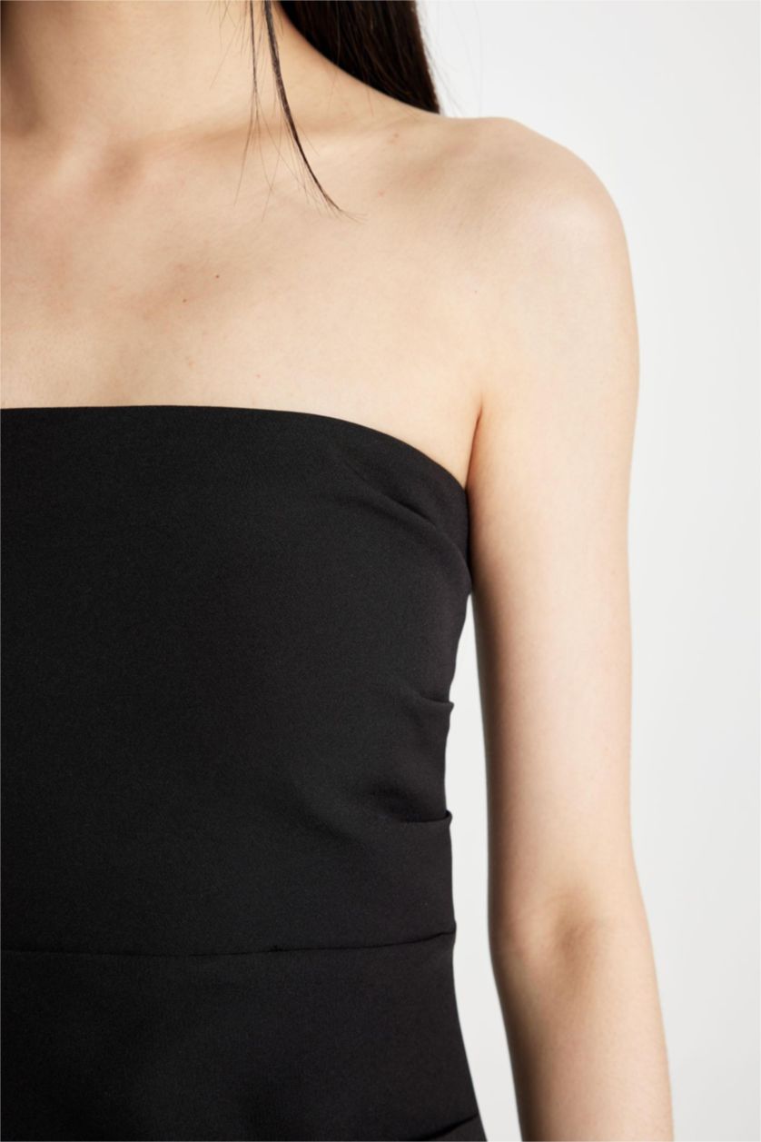 Kadın Siyah Bodycon Straplez Siyah Midi Abiye Elbise