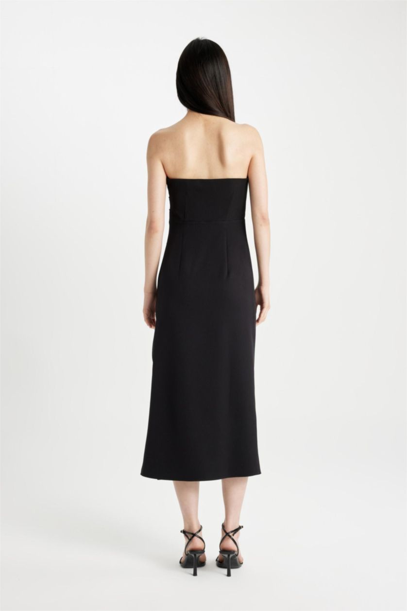 Kadın Siyah Bodycon Straplez Siyah Midi Abiye Elbise