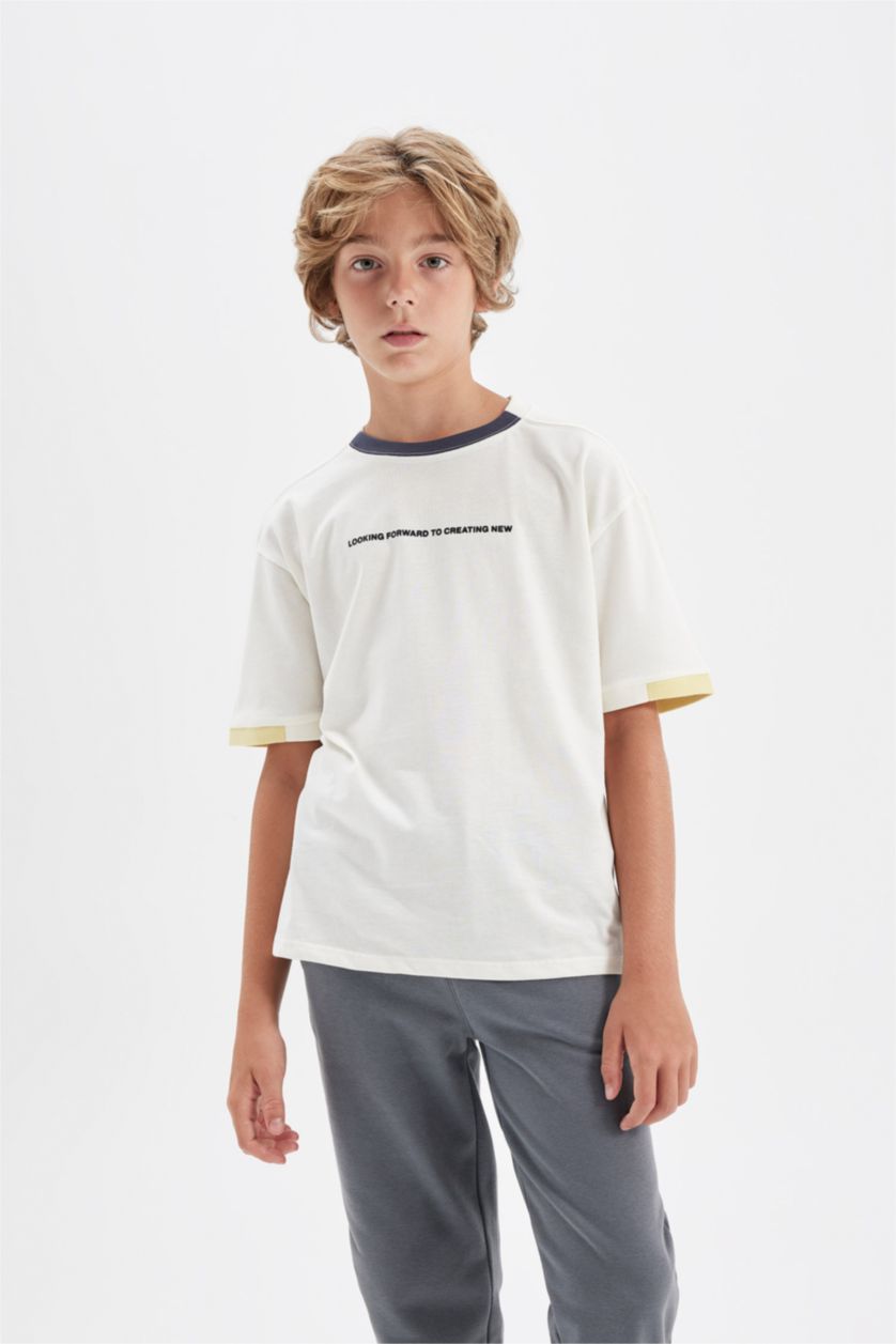 BOYS & TEENS Ecru Boy Oversize Crew Neck Printed School T-Shirt
