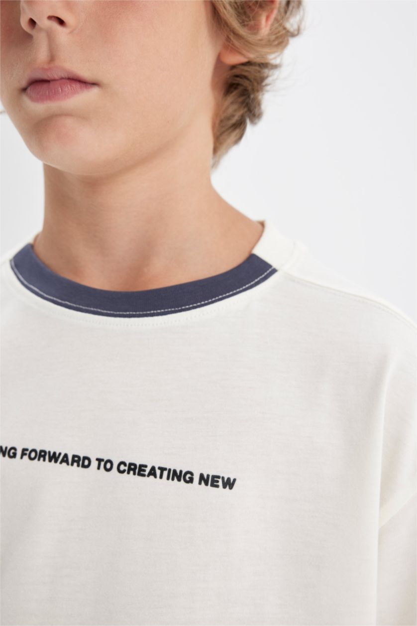 BOYS & TEENS Ecru Boy Oversize Crew Neck Printed School T-Shirt