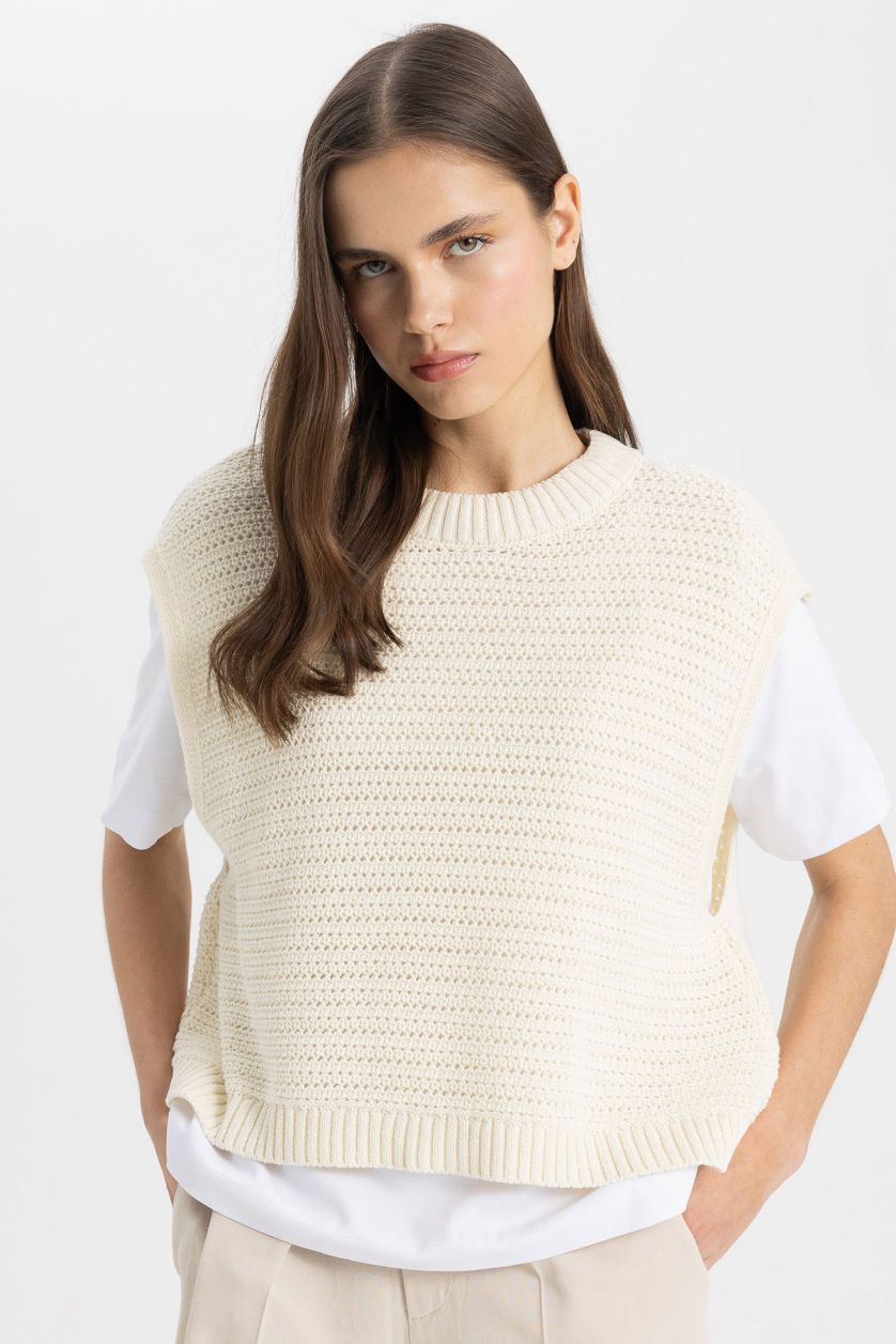 Kadın Ekru Fitted Bisiklet Yaka Triko Süveter