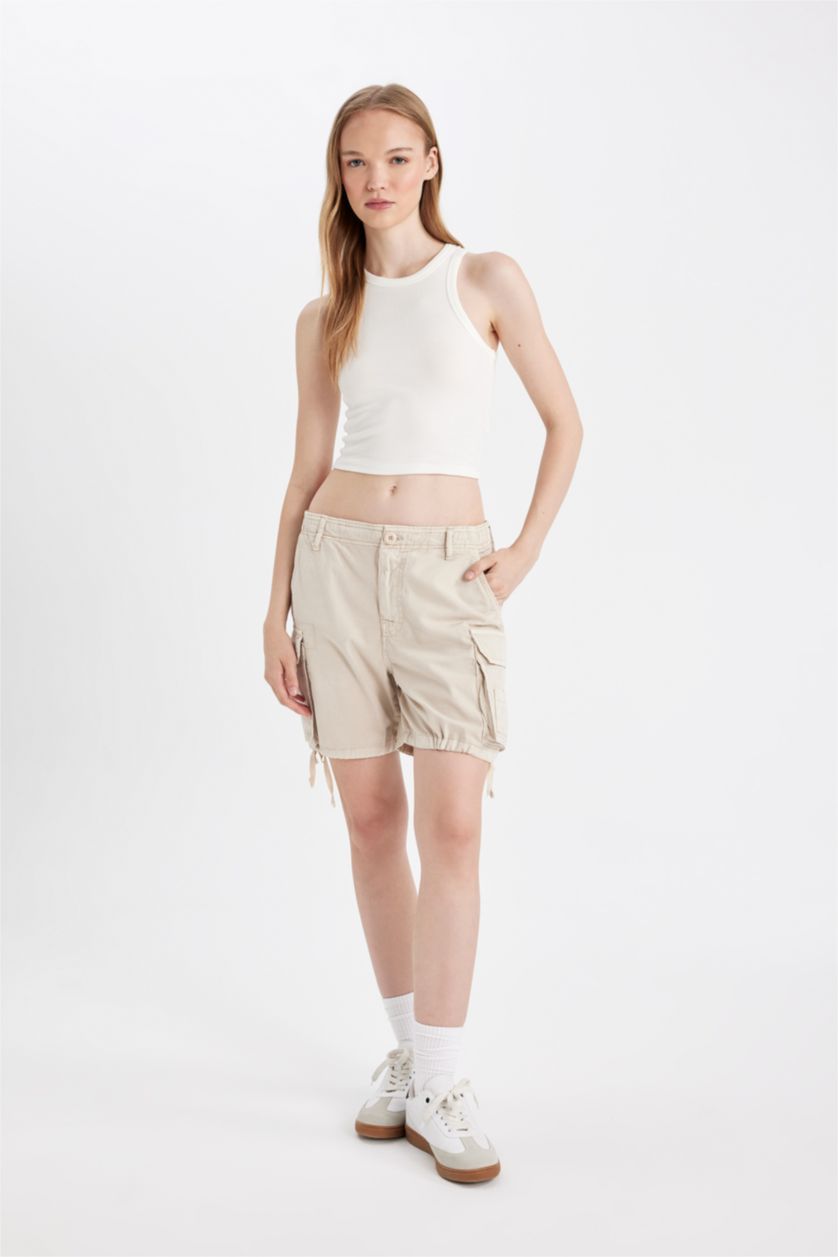 WOMAN Beige Regular Fit Normal Waist Gabardine Shorts