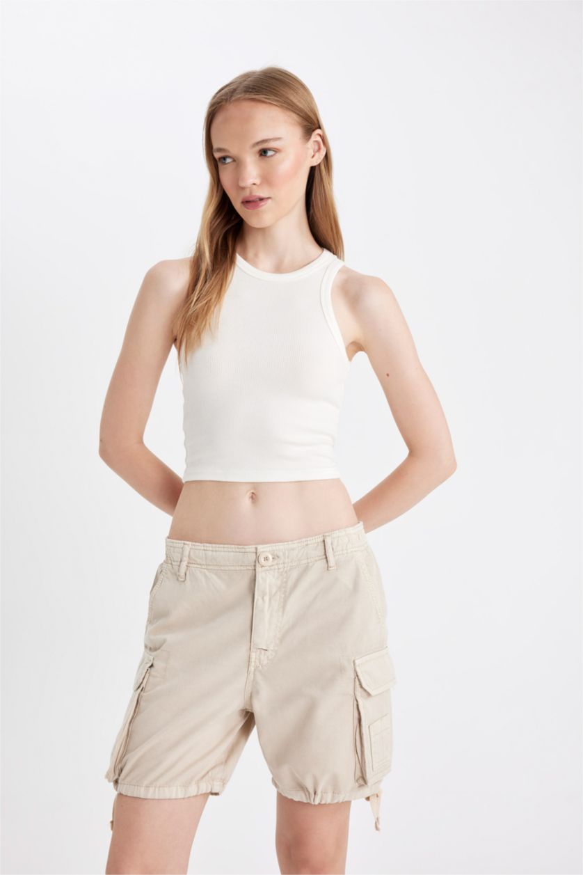 WOMAN Beige Regular Fit Normal Waist Gabardine Shorts