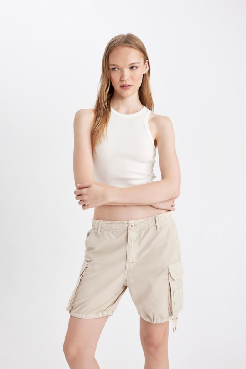 WOMAN Beige Regular Fit Normal Waist Gabardine Shorts